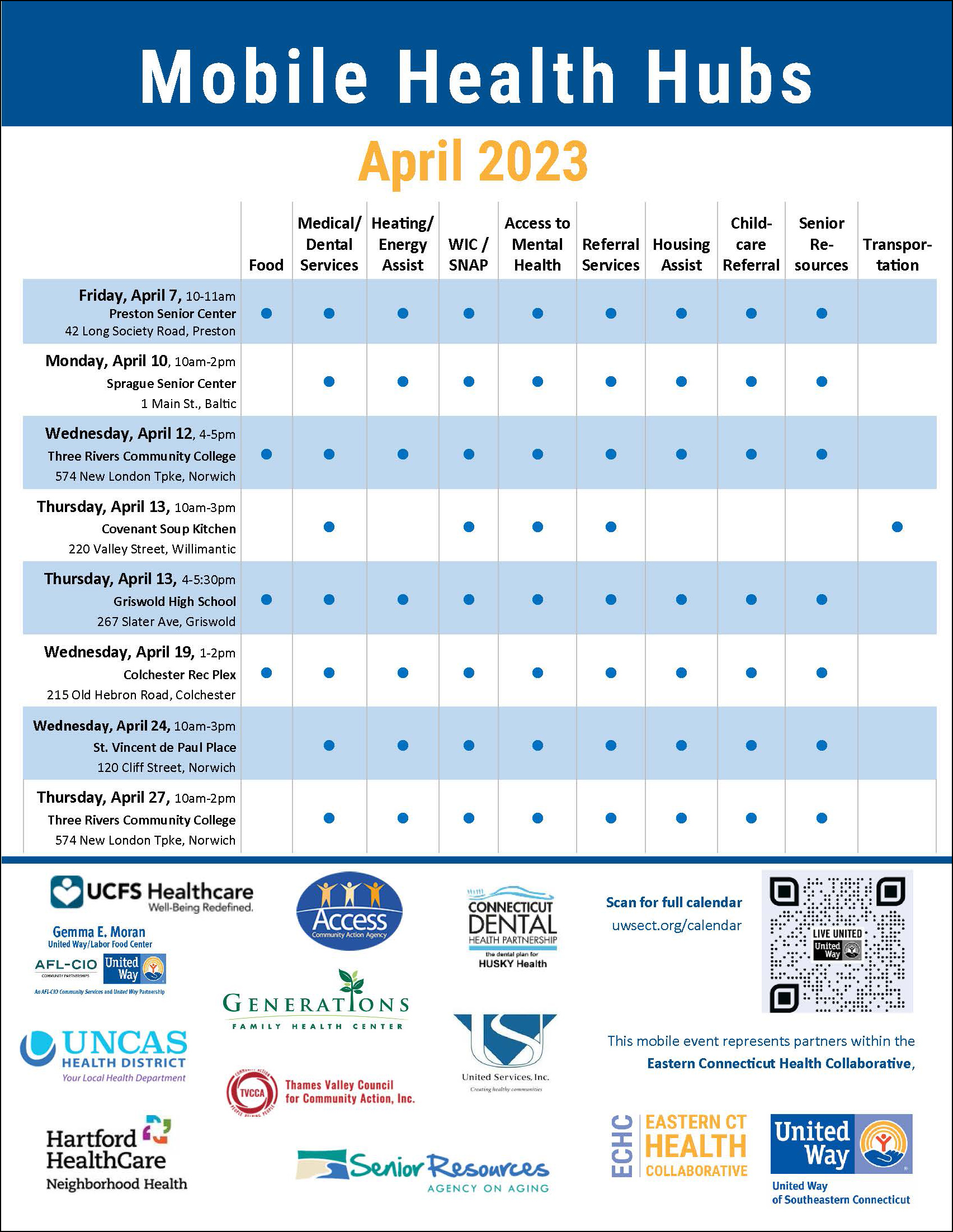 April 2023 Mobile Health Hub schedule