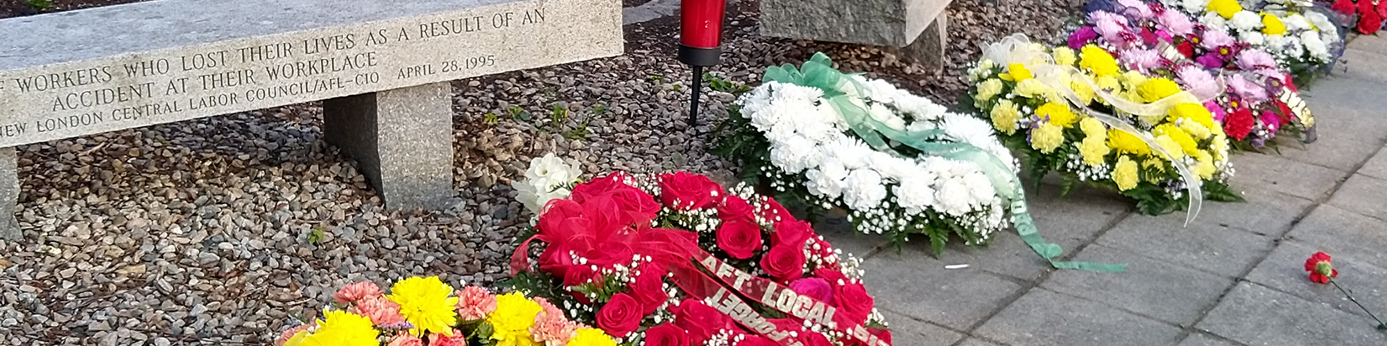 Wreaths that had been layed at the Workers' Memorial site