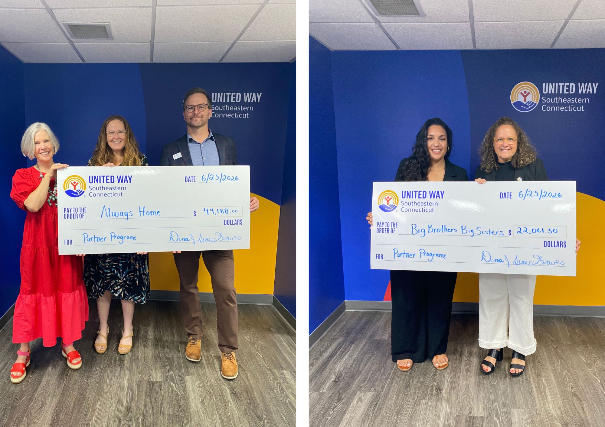 UWSECT awards partner program funding to Always Home (left) and Big Brothers Big Sisters of Connecticut.