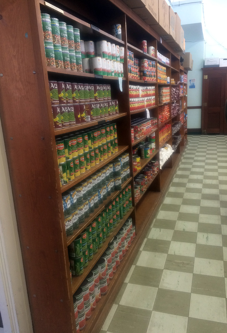 Shelves of nonperishable food items at a pantry