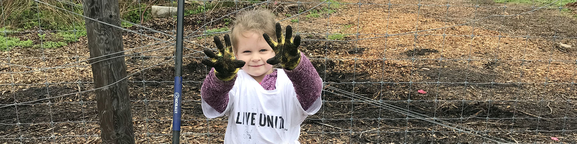 A young girl showing her dirty gloves to the camera while she was gardening
