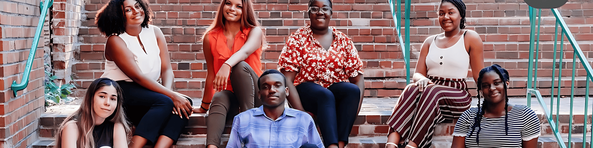 Seven students from Higher Edge sitting on a brick staircase